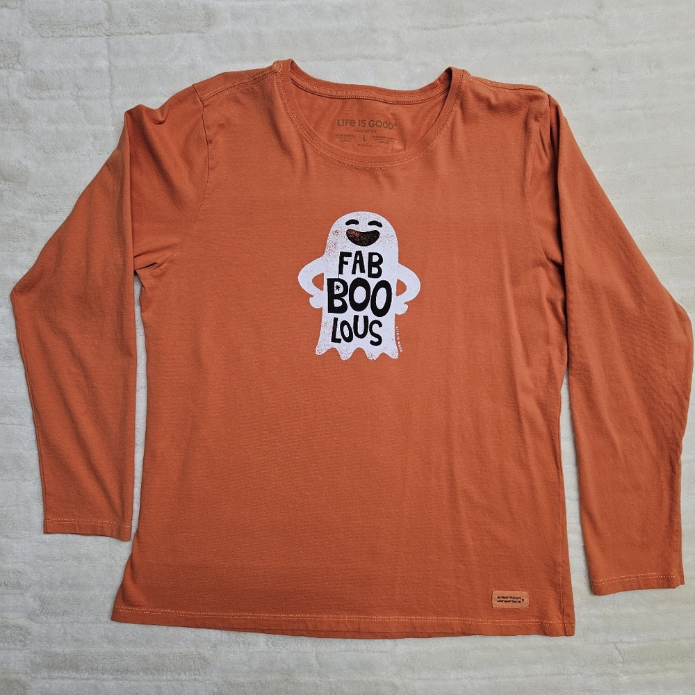 Life is Good Halloween Fab-Boo-Lous Long Sleeve Womens Large Crusher Tee Orange
